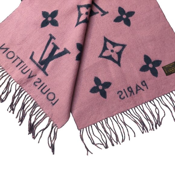LOUIS VUITTON Reykjavik Navy Blue & Lavender Reversible Cashmere Scarf Pre-Owned - Picture 9 of 11